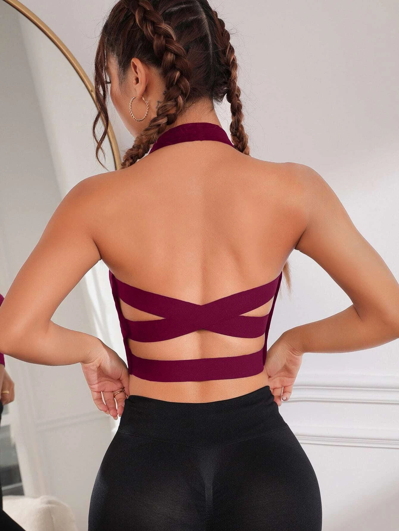 SHEIN Crisscross Backless Crop Halter Neck Backless Sports Bra | Sports Bra | OneHub SHEIN Crisscross Backless Crop Halter Neck Backless Sports Bra | Sports Bra | OneHub