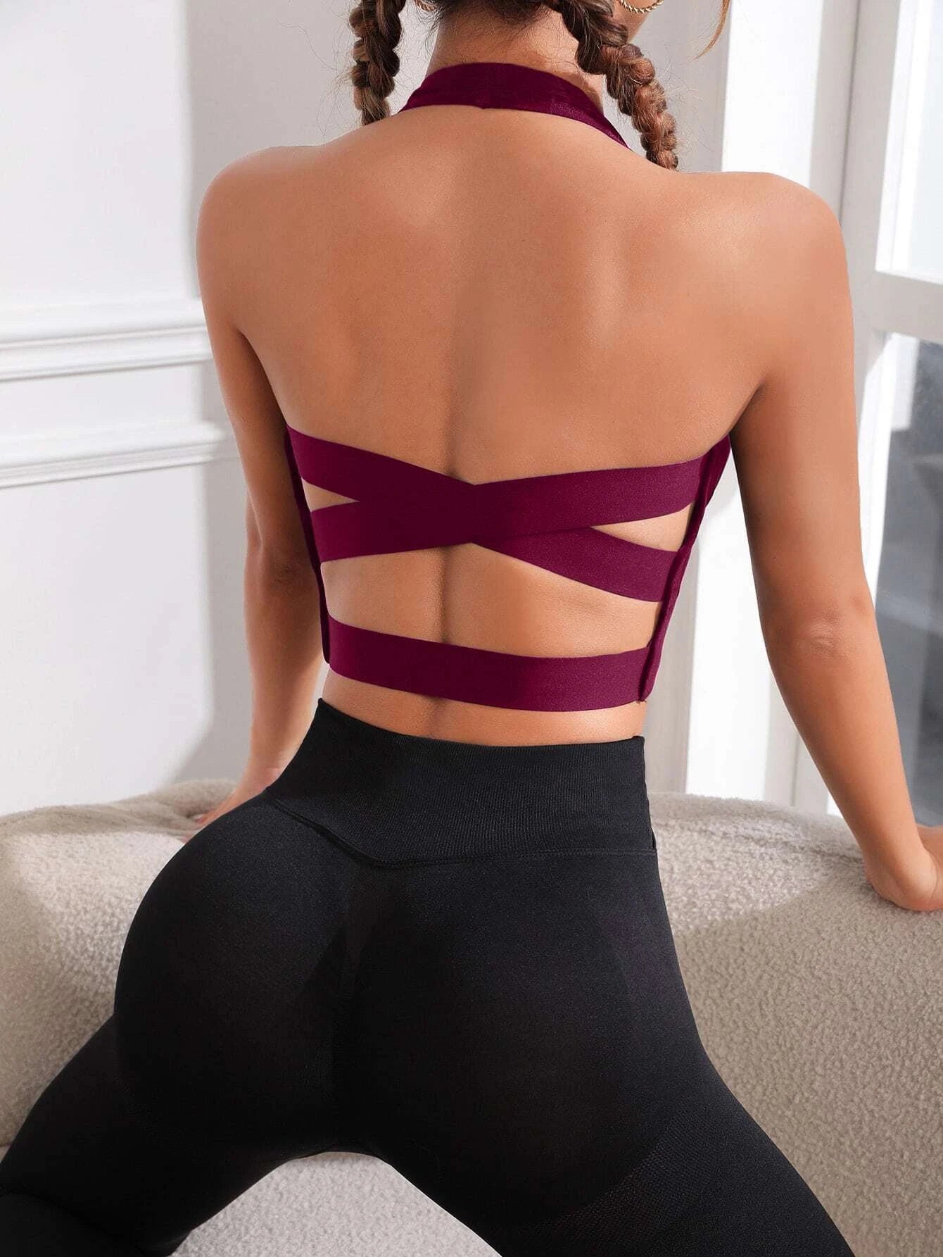 SHEIN Crisscross Backless Crop Halter Neck Backless Sports Bra | Sports Bra | OneHub SHEIN Crisscross Backless Crop Halter Neck Backless Sports Bra | Sports Bra | OneHub