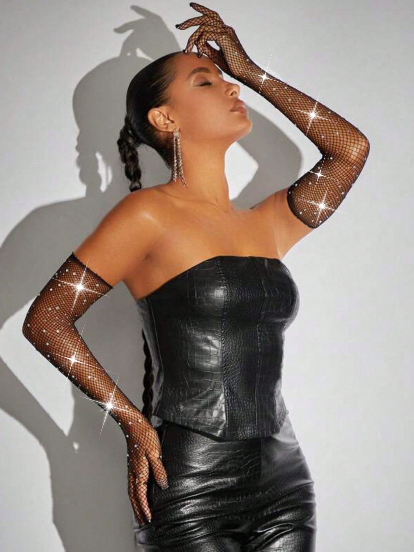  | SHEIN 1pair Fishnet Gloves With Star & Rhinestone Decor, Fashionable Elbow Length Sexy Costume Accessory | Gloves | Shein | OneHub