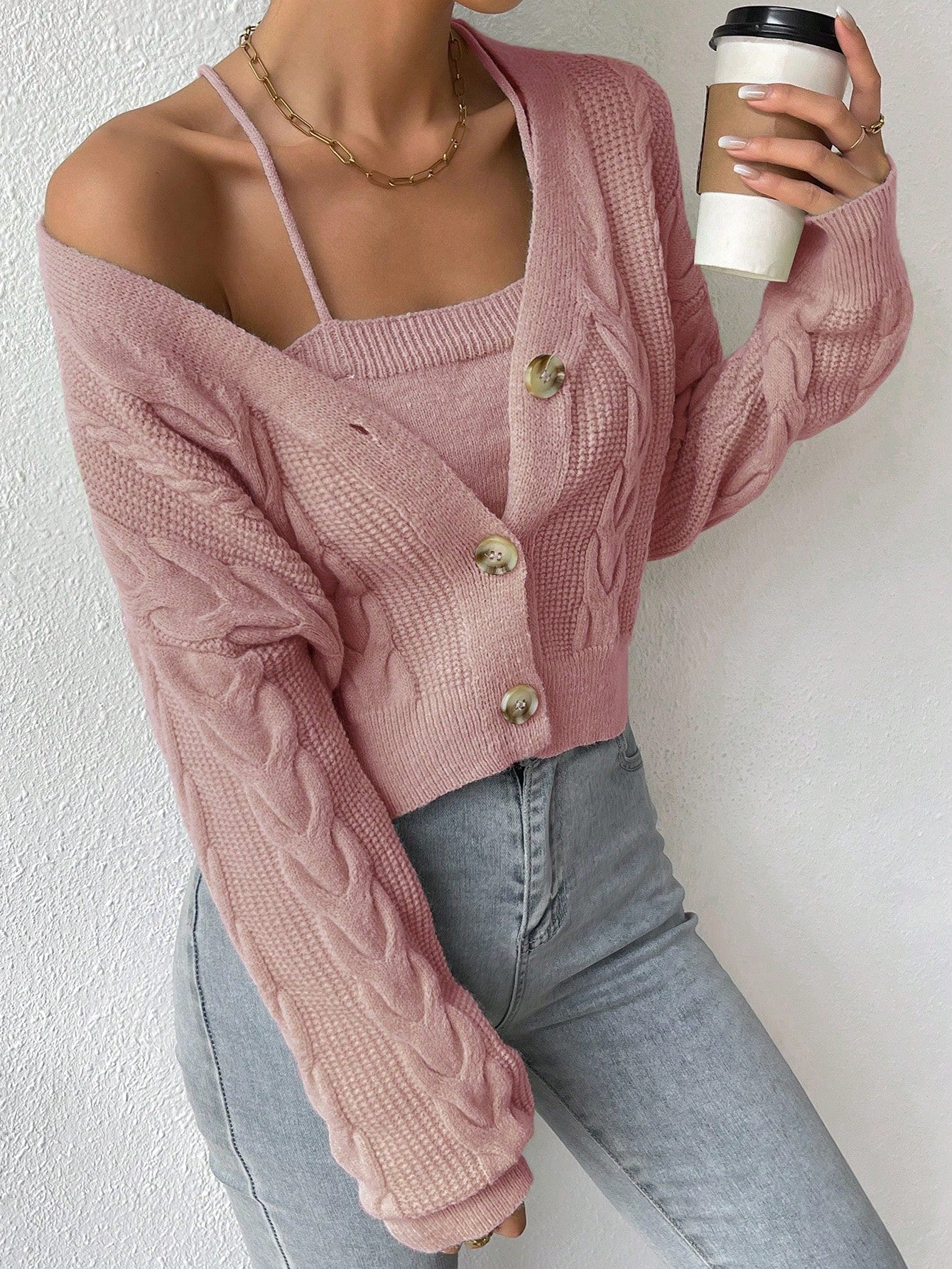 | SHEIN Cable Knit Drop Shoulder Cardigan & Cami Knit Top | Sweater | Shein | OneHub