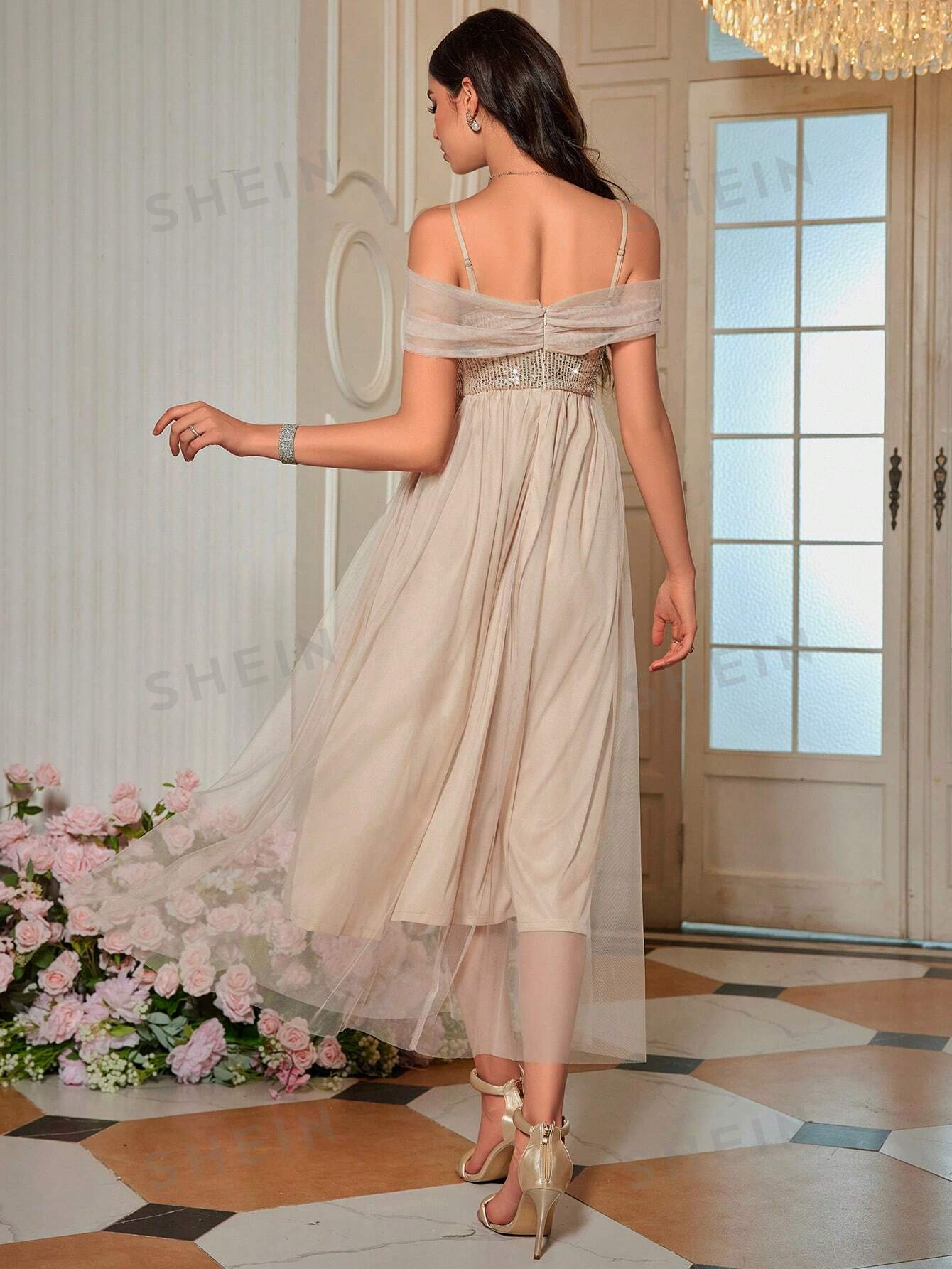 SHEIN Belle Off Shoulder Contrast Sequin Mesh Bridesmaid Dress | Dress