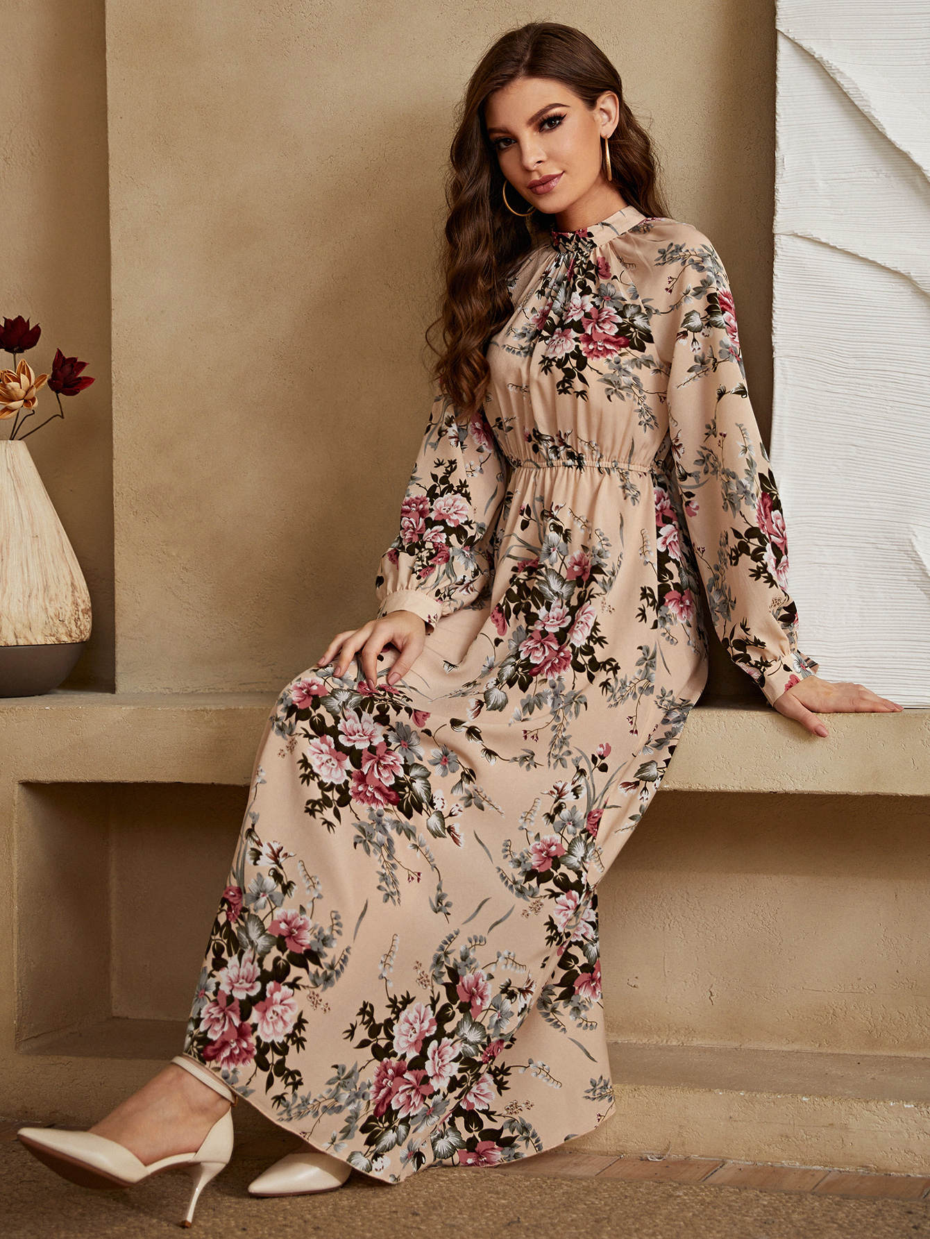 SHEIN Mulvari Allover Floral Mock Neck Keyhole Back Dress | Dress