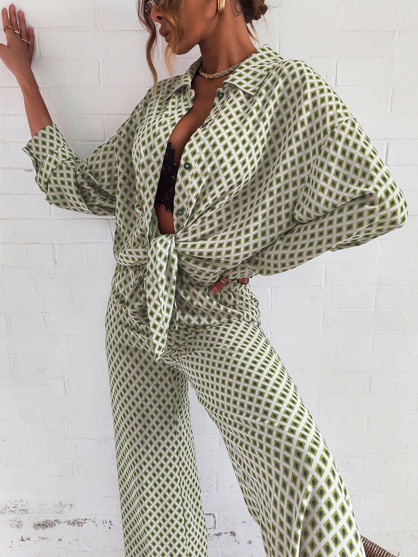  | SHEIN Privé Argyle Print Drop Shoulder Blouse & Wide Leg Pants | Top and Pant Set | Shein | OneHub