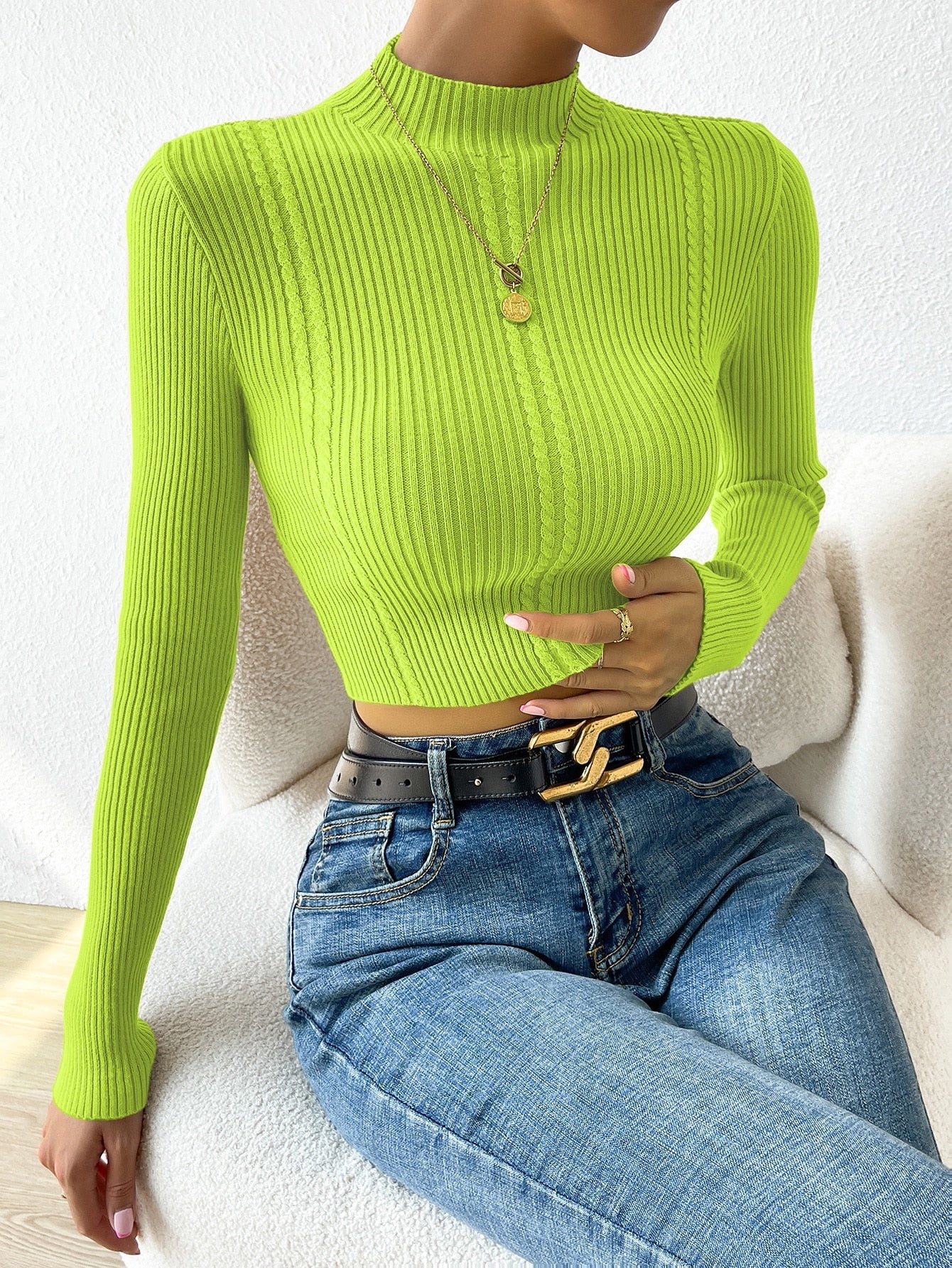  | SHEIN Priv̩ Mock Neck Cable Knit Crop Sweater | Top | Shein | OneHub