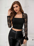  | SHEIN Priv̩ Women's Square Neck Lace Patchwork Fitted Top | Top | Shein | OneHub
