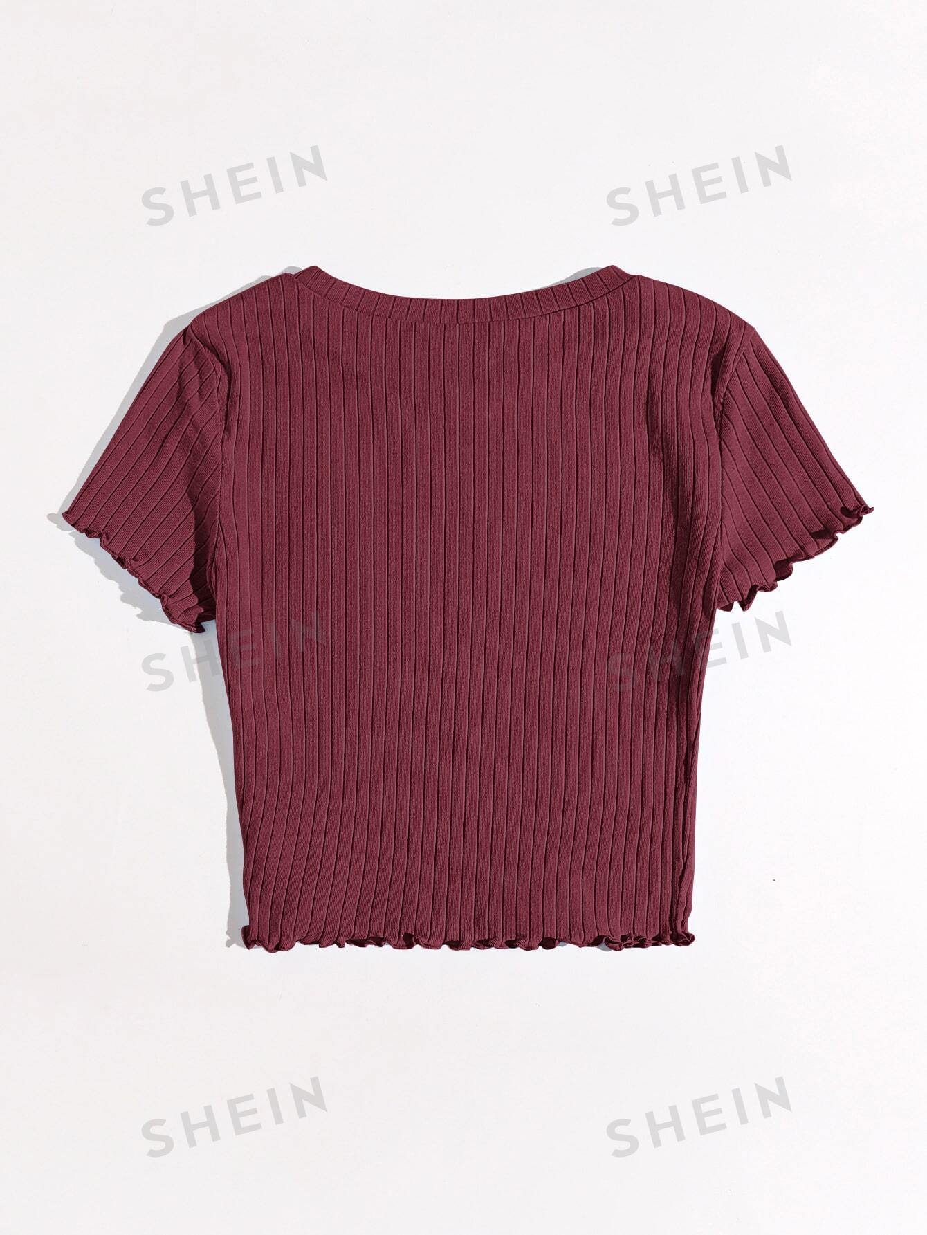  | SHEIN Qutie Solid Lettuce Trim Rib-knit Tee | Top | Shein | OneHub