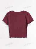  | SHEIN Qutie Solid Lettuce Trim Rib-knit Tee | Top | Shein | OneHub