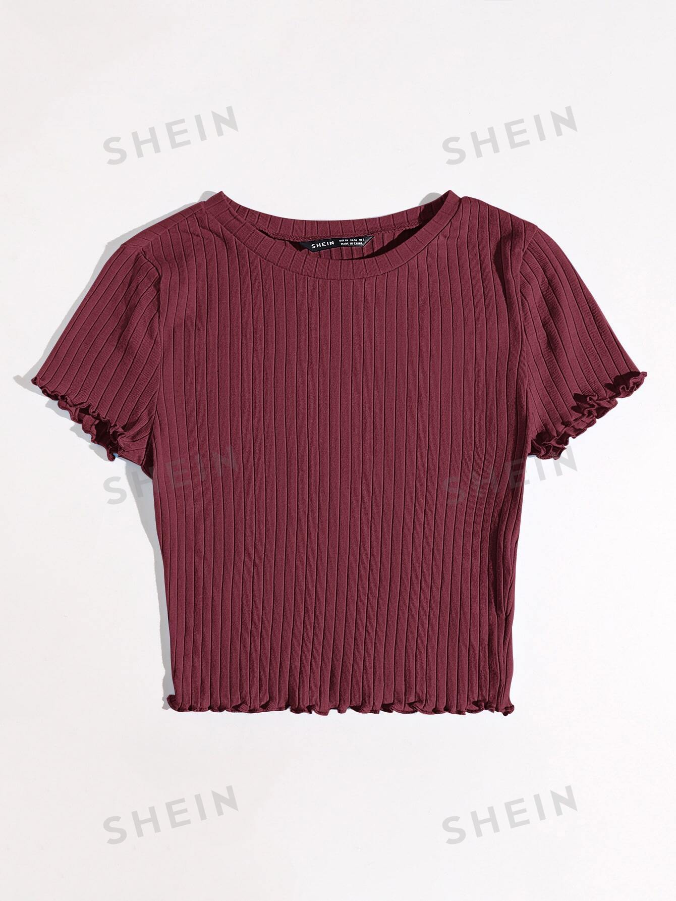  | SHEIN Qutie Solid Lettuce Trim Rib-knit Tee | Top | Shein | OneHub