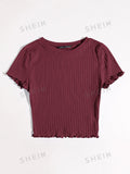  | SHEIN Qutie Solid Lettuce Trim Rib-knit Tee | Top | Shein | OneHub