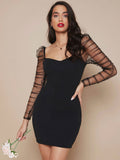 Shein Ruched Sheer Mesh Gigot Sleeve Bodycon Dress
